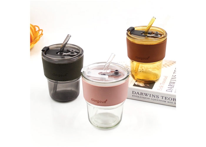 Glass Mug with Leather Strap and Straw